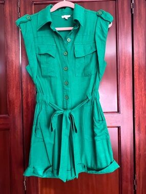 Green Button-Front Tie-Waist Shirt Dress
